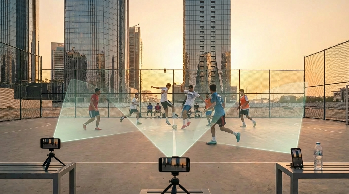 Multiple phones covering a pitch from all angles